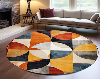 Round Rug, Orange Circle Rug, Geometric Non Slip Decor Rug, Circle Kilim Rug, Modern Rug, Livingroom Decorative Rug, Printed Round Rug