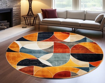 Printed Round Rug, Geometric Rug, Orange Circle Rug, Livingroom Decorative Rug, Geometric Non Slip Decor Rug, Circle Kilim Rug, Modern Rug