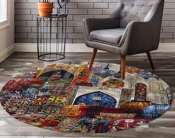 Tapis à motif ottoman, tapis d'entrée rond, tapis traditionnel, thème du grand bazar, tapis antidérapant, tapis rond imprimé, tapis bohème, tapis rond à motifs