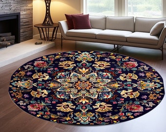 Ethnic Floral Rug, Black Circle Rug, Decorative Rug, Non slip Round Rug, Girls Room Rug, Rug For Boy, Cleanwater Rug, Eraseble Rug, Rug