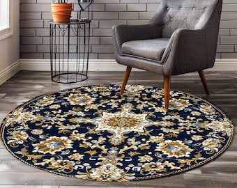 Tapis rond oriental, motif Sainte-Sophie, tapis bleu marine, tapis rond bibliothèque, canapé sous un tapis, tapis lavable, tapis d'extérieur, tapis rond bohème