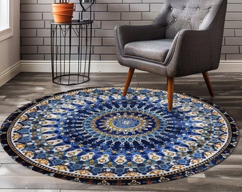 Topkapi Palace Theme, Blue Circle Rug, Round Oversize Rug, Dining Table Rug, Foyer Accent Rug, Kitchen Round Rug, Nonslip  Rug, Entry Rug