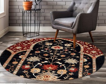 Topkapi Place Design Rug, Showy Museum Rug, Nonslip Rug, Red Round Rug, Washable Circle Rug, Print Art Rug, Turkish Motif Rug, Cultural Rug