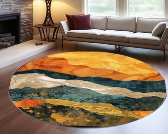 Alfombra con vista a la naturaleza, alfombra circular moderna, alfombra con motivo dorado, alfombra para sala de juegos, alfombra redonda de entrada, alfombra para sala de estar, alfombra de diseño digital, alfombra naranja