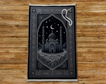 Muslim Mat Rug, Meditation Rug, Personalized Gift, Black Prayer Mat, Mosque Design Rug, Islamic Plush Rug, Sajadah Mat Rug, Luxury Gift Rug