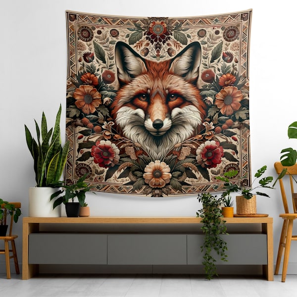 Animal Tapestry, Fox Theme Decor, Brown Wall Hanging, Wolf Tapestry, Fiber Art Decor, Gothic Tapestry, Bohemian Decor, Country Tapestries