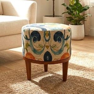 Elegant decor round pouf, Unique swirl design upholstered bench, Navy and green pattern accent pouf, Doorway round stool, Cozy stool, F-145