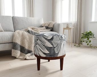 Silver Grey Leaf Round Pouf | Living Room Footrest Stool | Modern Living Room Decor