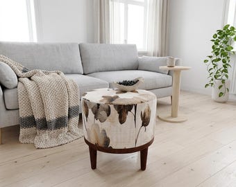 Grey Poppy Silhouette Round Pouf | Upholstered Ottoman Footstool | Minimal Bedroom Decor