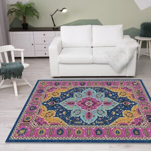 Coastal chic rug, Modern rug, Purple navy rug, Rug with leaf pattern, Floor rug, Bohemian rug, Medallion rug, Cotton rug, Area rug image 4