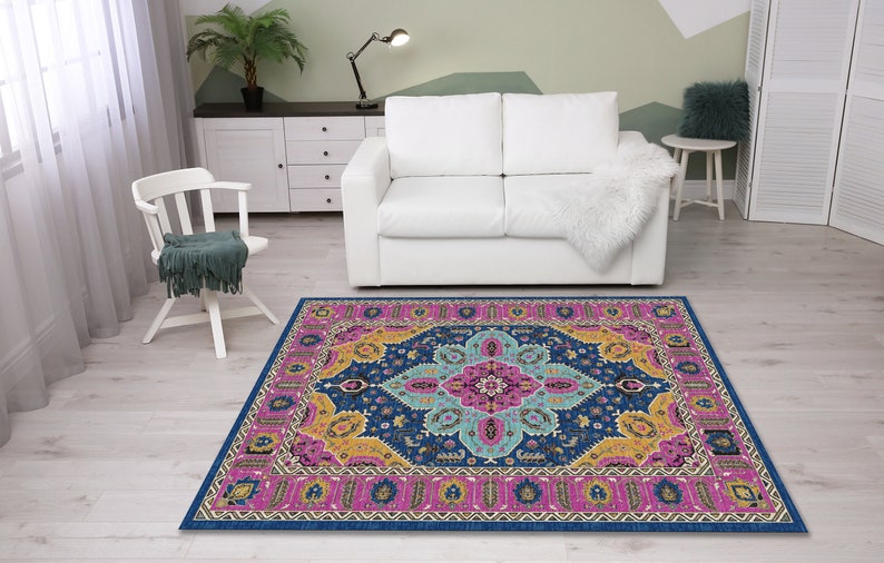 Coastal chic rug, Modern rug, Purple navy rug, Rug with leaf pattern, Floor rug, Bohemian rug, Medallion rug, Cotton rug, Area rug image 4