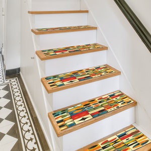 geometric patterned colorful sophisticated modern stair decor rug, indoor mat for front door wron runner, machine washable printed stair rug