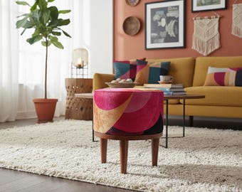 Abstract design round pouf, Colorful designer bench, Handmade upholstered bench, Elegance round ottoman bench, Easy to clean bench, F-166