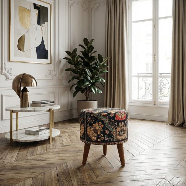 Ethnic design pouf, Floral footstool, Round ottoman bench, Gothic footrest, Living room furniture, Rustic hall stool, Round plant stand, F-9