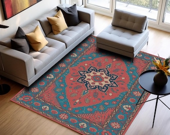 Red Blue Floral Printed Rug, Non-Slip Living Room Layer, Oriental Deocr H-1073