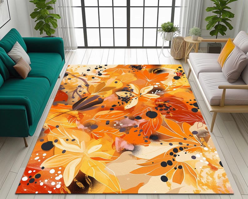 Floral Pattern Rug, Rich Autumn Color Rug, Stylish Printed Rug, Non