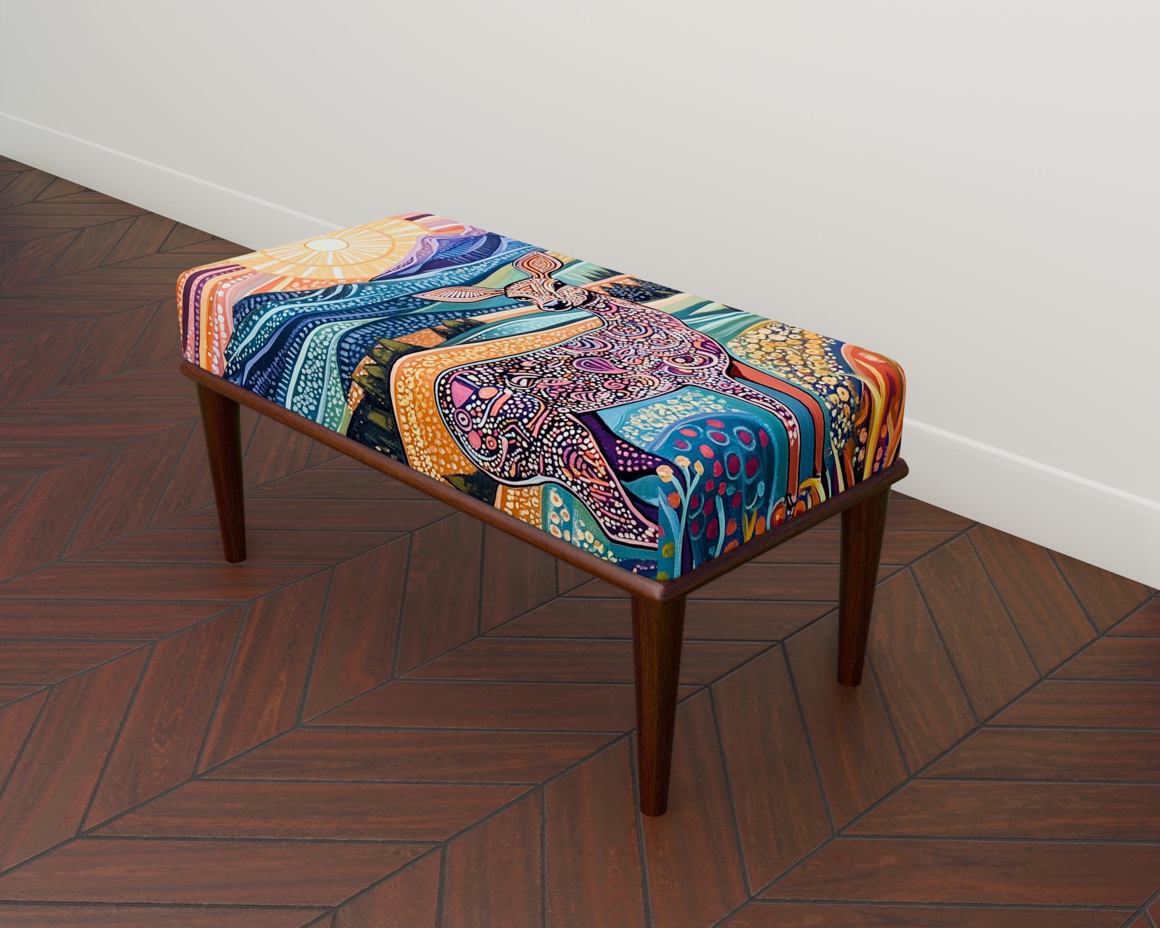 カラフルなデザイナーベンチ、マルチパターンの布張りベンチ、モダンな