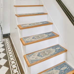navy blue stair rug, indoor stair tread, gothic decor rug, rug for stair landing, non skid rugs, library step rug, durable  boho rug