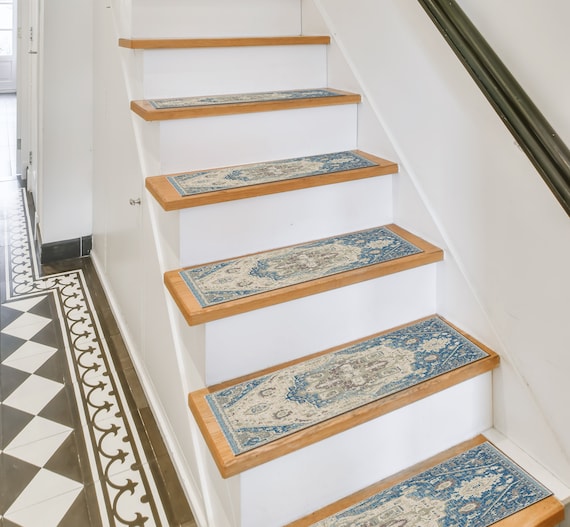 navy blue stair rug, indoor stair tread, gothic decor rug, rug for stair landing, non skid rugs, library step rug, durable  boho rug