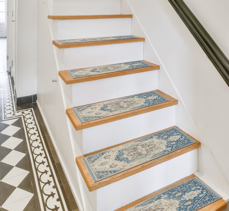 navy blue stair rug, indoor stair tread, gothic decor rug, rug for stair landing, non skid rugs, library step rug, durable  boho rug