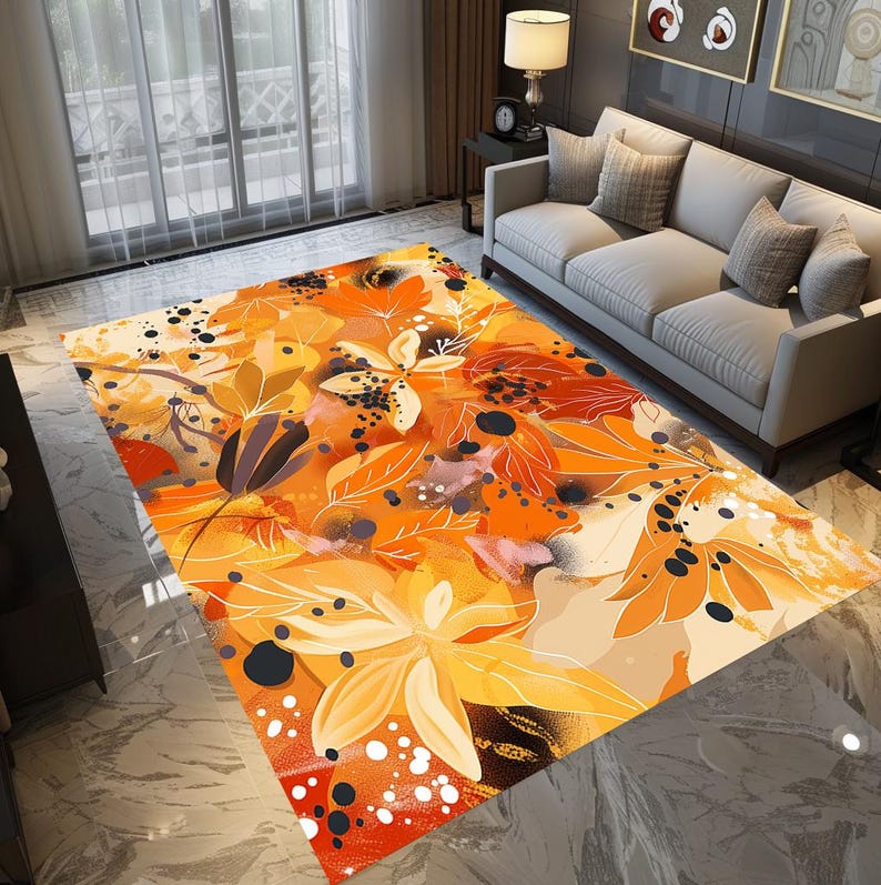 Floral Pattern Rug, Rich Autumn Color Rug, Stylish Printed Rug, Non
