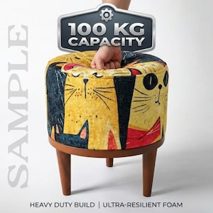 Cat pattern round pouf, Cute design bench, Colorful footstool, Elegance round pouf, Bedroom pouf, Comfortable furniture, Stylish bench, H-12