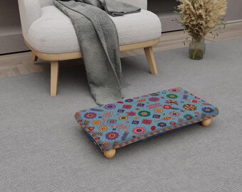 Blue Floral Kilim Footstool with Wooden Legs H-788