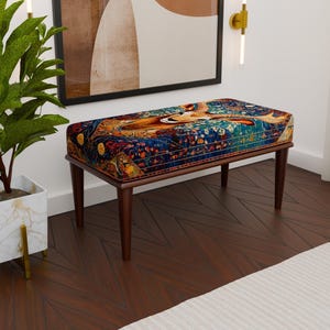Deer tapestry bench, Antique style abstract bench, Multicolor upholstered bench, Unique design bench, Cozy bench, Makeup bench, H-261