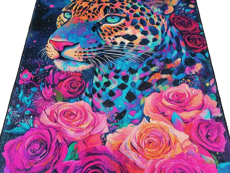 Rose pattern rug, Leopard print rug, Luxury rug, Modern home decor, Area rug, Non slip rug, Washable runner rug, Under bench rug, Boho rug