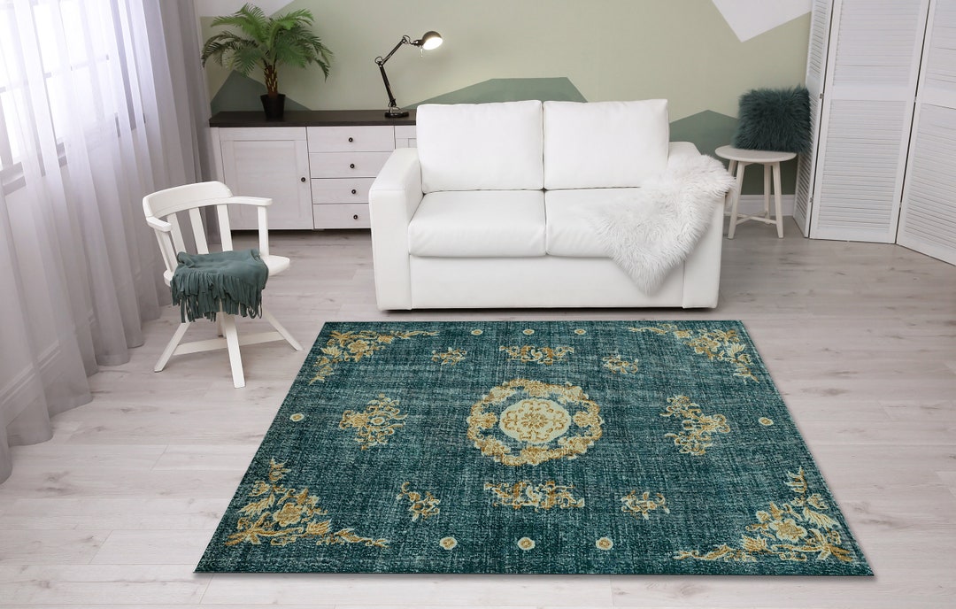 Teal Color Rug, Flower Design Rug, Living Room Rug, Floor Rug, Coastal ...