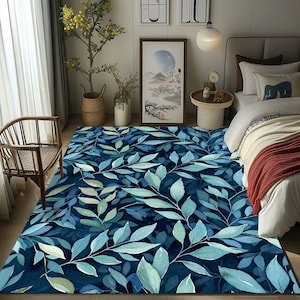 Navy Leaf Design Rug, Livingroom Rug, Nonslip Rug, Washable Rug ...