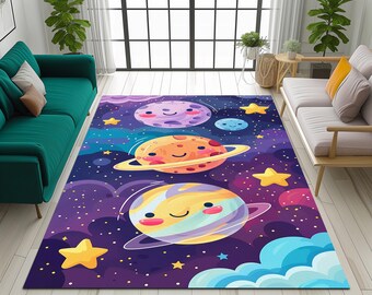 Cute design rug, Space pattern rug, Colorful printed rug, Rug for bedroom, Home decor rug, Sustainable rug, Soft rug, Stain resistant rug