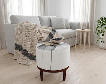 White Gold Ink Flower Round Pouf | Round Footstool Seat | Modern Living Room Decor