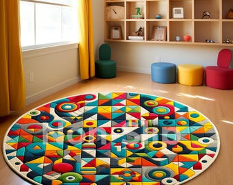 May include: A large circular area rug featuring a vibrant geometric pattern composed of triangles, squares, and circles in shades of red, yellow, blue, green, and orange. The design includes a repeating motif of colorful shapes on a cream background.