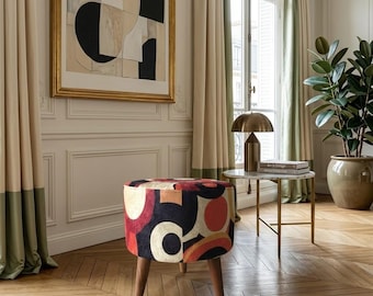 Orange footstool, Geometric design pouf, Round small pouf, Modern saloon decor, Dining area chair, Wood work bench, Bedroom pouf, F-11