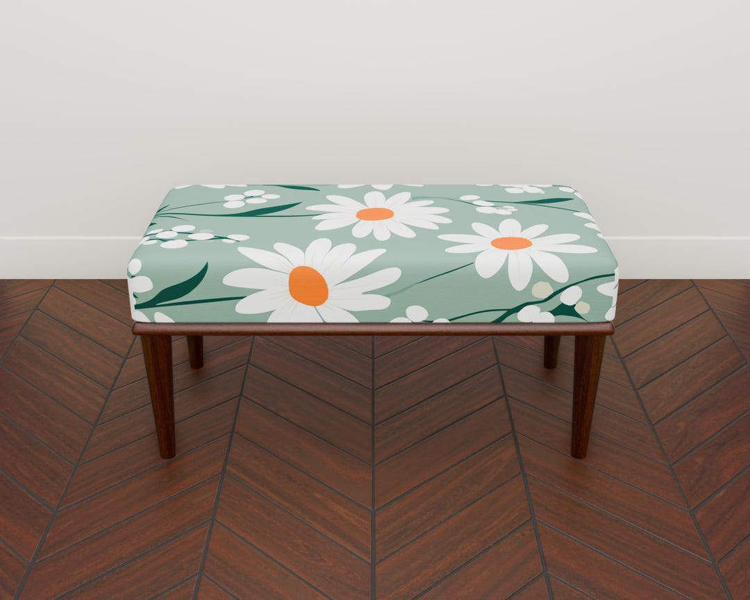 Daisy Flower Bench, Pastel Green Upholstered Bench, Spring Floral Print ...