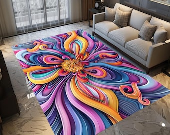 Könnte beinhalten: Ein bunter abstrakter Teppich mit einem wirbelnden Muster aus Rosa, Blau, Gelb und Orange. Der Teppich zeigt eine große, stilisierte Blume in der Mitte.