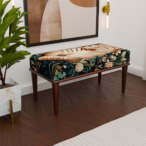 Tiger print ottoman bench, Jungle animal upholstered bench, Boho safari decor bench, Exotic style bench, Comfort bench, Chic bench, H-296