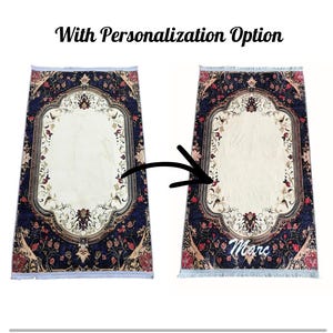 The image is a collage of two images, each featuring a rug with a floral design. The rug in the left image is white, while the one in the right image is blue. The text "With Personalization Option" is displayed above the images, indicating that the rug can be customized with personalization.