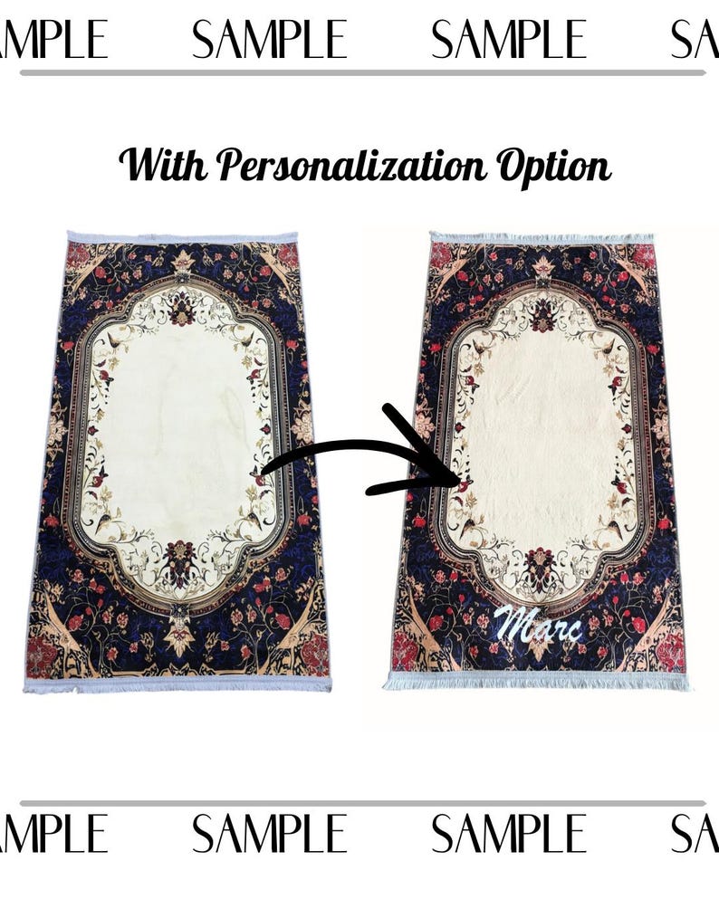 The image is a collage of two images, each featuring a rug with a floral design. The rug in the left image is white, while the one in the right image is blue. The text "With Personalization Option" is displayed above the images, indicating that the rug can be customized with personalization.