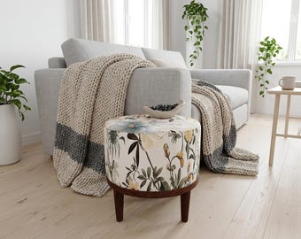 Grey Meadow Flower Round Pouf | Small Ottoman Footrest | Cottagecore Bedroom Decor