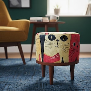 Pouf rotondo con motivo a gatto, panca dal design grazioso, poggiapiedi colorato, pouf rotondo elegante, pouf per camera da letto, arredamento confortevole, panca elegante, H-12
