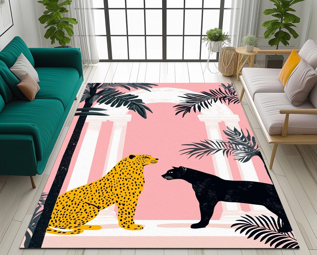 Leopard and Puma Patterned Carpet, Pink Color Rug, Home Decor Rug, Suit ...