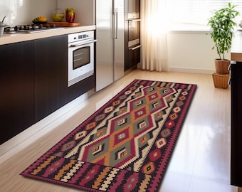 Easy to clean rug, Farmhouse rug, Tribal rug, Kilim pattern rug, Washable rug, Unique rug, Bohemian rug, Utility rug, Nomadic rug, H-808