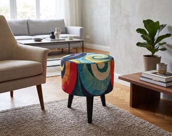 Elegant decor round pouf, Multicolor round ottoman bench, Doorway round stool, Bohemian pouf stool, Wooden work bench, Cozy chair, F-147