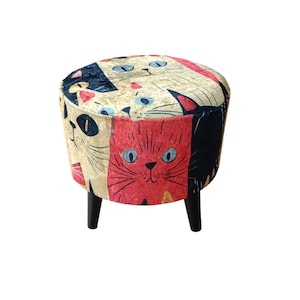 Cat pattern round pouf, Cute design bench, Colorful footstool, Elegance round pouf, Bedroom pouf, Comfortable furniture, Stylish bench, H-12