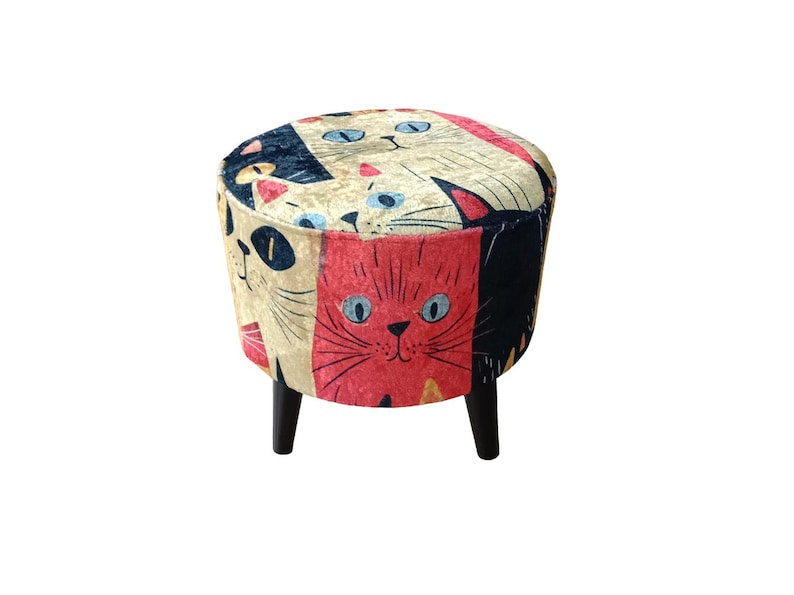 Cat pattern round pouf, Cute design bench, Colorful footstool, Elegance round pouf, Bedroom pouf, Comfortable furniture, Stylish bench, H-12