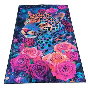 Rose pattern rug, Leopard print rug, Luxury rug, Modern home decor, Area rug, Non slip rug, Washable runner rug, Under bench rug, Boho rug