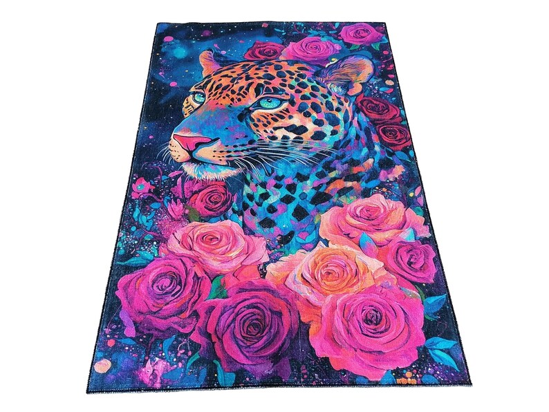 Rose pattern rug, Leopard print rug, Luxury rug, Modern home decor, Area rug, Non slip rug, Washable runner rug, Under bench rug, Boho rug