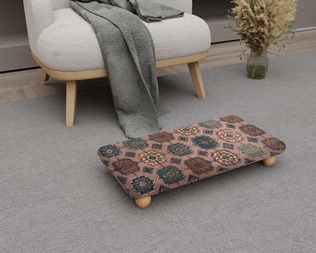 Geometric Pattern Footstool, Handmade Wooden Legs, Low Platform Stool ...